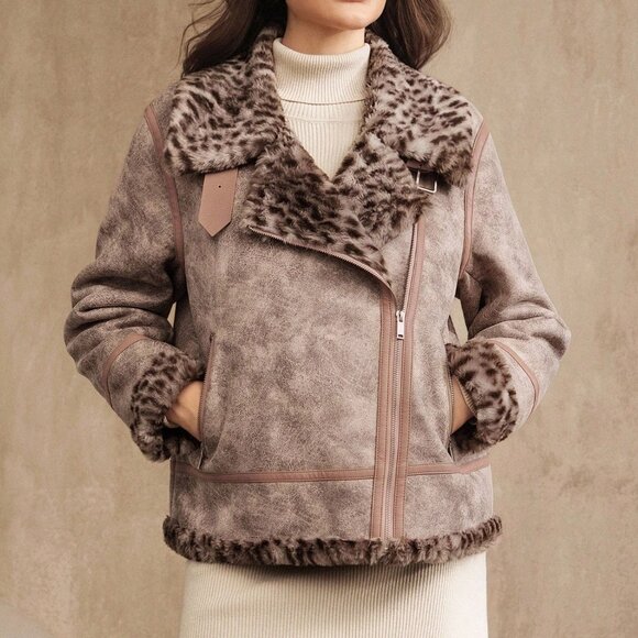 Pink Casual Women's Faux Fur Lined Motorcycle Jacket With Leopard Print - Picture 6 of 8